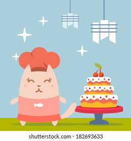 Character chef in a chef's hat colorful flat. Cat female stands near the big beautiful cake