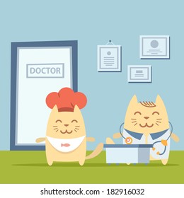 Character  chef in a chef's hat colorful flat. Cat male stands the doctor's office at the table