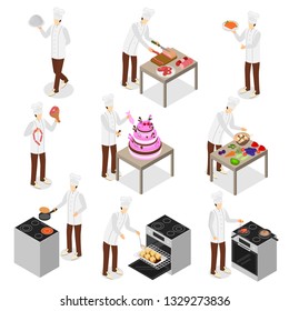 Character Chef Cooks 3d Icon Set Isometric View Include of Plate and Dish. Vector illustration of Icons