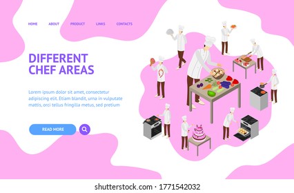 Character Chef Cooks Concept Landing Web Page 3d Isometric View Include of Plate and Dish. Vector illustration