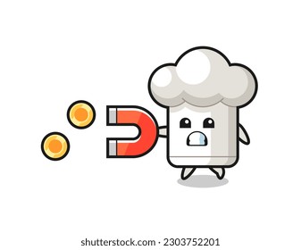the character of chef hat hold a magnet to catch the gold coins , cute style design for t shirt, sticker, logo element