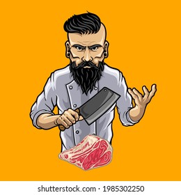 character chef holding butcher knife ,premium vector