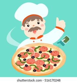 Character chef proud to present delicious pizza illustration