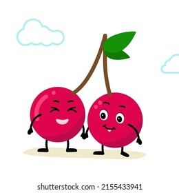 character cherry, berry fruit. Cute and funny comic style. Flat cartoon vector illustration isolated on white background. red and ripe cherry character. single image or icon.