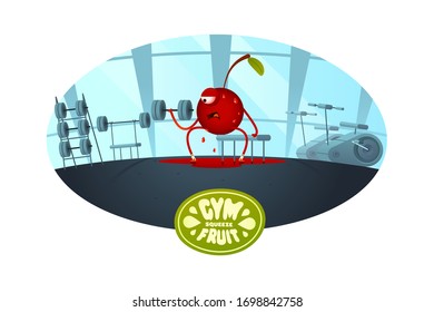 Character cherry does exercises with dumbbells in the gym squeezes out all the juices
