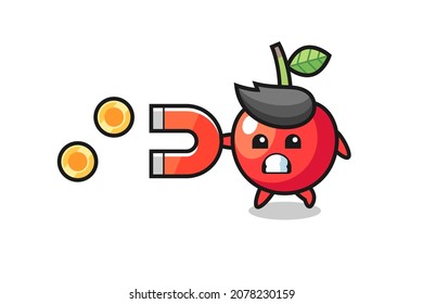 the character of cherry hold a magnet to catch the gold coins , cute style design for t shirt, sticker, logo element