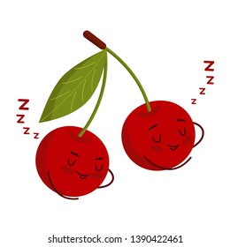 Character cherry is sleeping and snoring. Cherry berries sleep together, putting his hand under his head. Vector illustration, character in flat style.