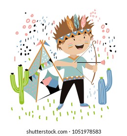 character child. the boy shoots from the bow. game of the Indian. vector