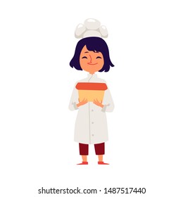 Character of child girl cooks in a white chef robe and hat flat cartoon vector illustration isolated on white background. Cute kid masters the profession of pastry chef.