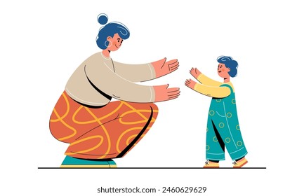 Character child learns to walk, goes to mom to hug. Hyperbolic people. Mothers Day. Vector stock illustration.