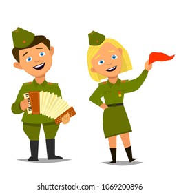 Character in children costume of Soviet soldiers, happy holiday. Russian Victory day on may 9. Vector illustration in cartoon style.