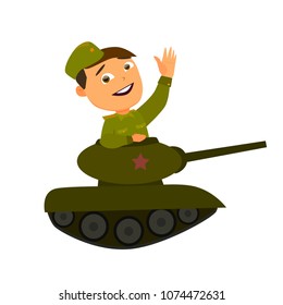 Character in children costume of Soviet soldiers, happy holiday. Russian Victory day on may 9. Vector illustration in cartoon style.