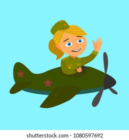 Character in children costume of Soviet soldiers, happy holiday. Russian Victory day on may 9. Vector illustration in cartoon style.