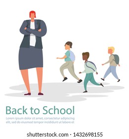 Character Children run to teacher. Back to school flat banner. Cartoon crowd children different gender and teacher lifestyle design. People character business set. Education Children design background