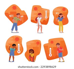 Character. Children Suffering From Heat: Sweating, Dehydrated, Exhausted, And Vulnerable To Heatstroke, A Dangerous Condition That Can Lead To Organ Failure And Even Death. Cartoon Vector Illustration