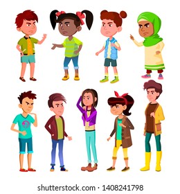 Character Children And Teenager Blowout Set Vector. Blowout Quarrel Conflict Between Unhappy Little Girl And Boy, Angry Young Male And Female. Bad Relationship Flat Cartoon Illustration
