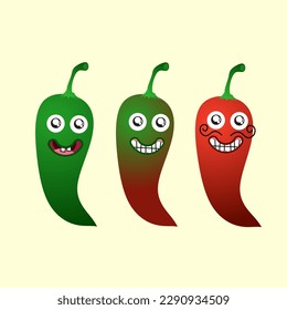 The character chili, starting from when young to ready stringed instrument. Accompanied by a smiling face funny but has a spicy taste burning.