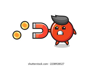 the character of china flag badge hold a magnet to catch the gold coins , cute style design for t shirt, sticker, logo element