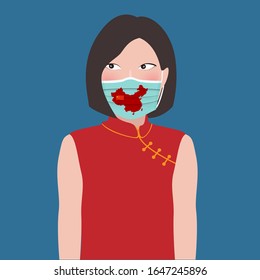 Character of Chinese lady character and wearing medical face mask protection design with china map for protect COVID-19 flu concept