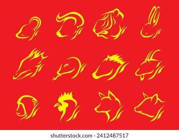 Character Chinese Zodiac Animal Set Cartoon Vector Head Side