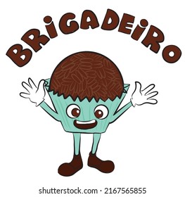 Character chocolate candy. Brigadeiro is a traditional Brazilian dessert, this is the mascot character of this food. Vector illustration isolated on white background.