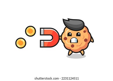the character of chocolate chip cookie hold a magnet to catch the gold coins , cute style design for t shirt, sticker, logo element