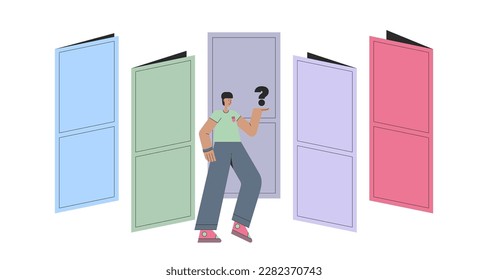 El personaje elige las puertas. Concepto de elección y resolución de problemas. Ilustración vectorial en un estilo plano