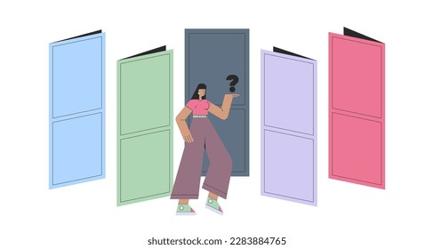 El personaje elige las puertas. Concepto de elección y resolución de problemas. Ilustración vectorial en un estilo plano