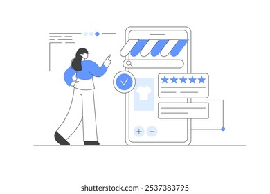 Personagem Escolhendo Mercadorias, Fazendo Pedido por Smartphone. Compras on-line. plataforma de comércio eletrônico. Ilustração de vetor, ícone. Elegante, linha minimalista, abstrato