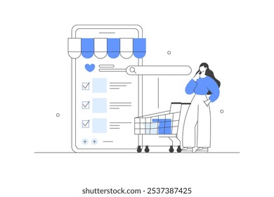 Character Choosing Goods, Making Order by Smartphone. Search, shopping cart. Online Shopping. E-commerce platform. Vector Illustration, icon. Stylish, Minimalist line, abstract