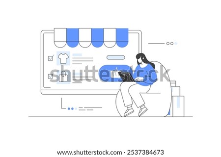 Character Choosing Goods, Making Order. Online Shopping. E-commerce platform. Vector Illustration, icon. Vector Illustration, icon. Stylish, Minimalist line, abstract