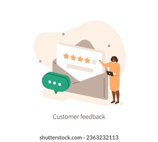 Caracteres que eligen comentarios positivos de cinco estrellas para mostrar la satisfacción del cliente. Concepto de revisión de clientes. Ilustración vectorial.