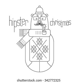 Character Christmas Bear style vector mono line. Hipster design.