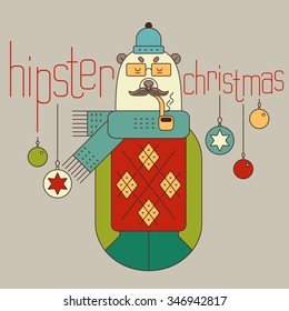 Character Christmas Bear style vector mono line. Hipster design.
