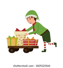 Character Christmas elf transports boxes with presents on wooden truck, cute composition isolated on white background. Holiday delivery with Santa helper.