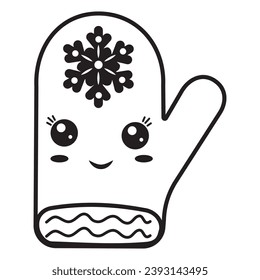 Character Christmas mitt kawaii, black outline coloring isolated illustration in doodle style