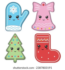 Character Christmas mitt, stocking, Christmas tree and kawaii bell, black outline coloring isolated illustration in doodle style