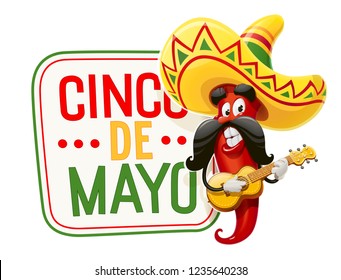 Character for Cinco de Mayo celebration. Red pepper jalapeno in suit mariachi with guitar and sombrero. Mexicano guitarist ethnic play music for national Mexico holiday. Isolated. Vector illustration.