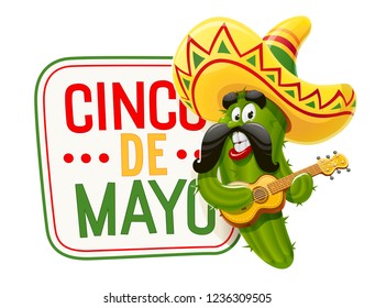 Character for Cinco de Mayo celebration. Green cactus jalapeno in suit mariachi with guitar and sombrero. Mexicano guitarist ethnic play music for national Mexico holiday. Vector illustration.