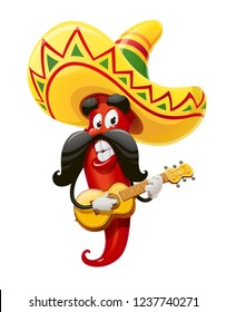 Charaktere für Cinco de Mayo Feier. Roter Paprika Jalapeno im Anzug Mariachi mit Gitarre und Sombrero. Mexikanische Gitarrist ethnischen Spielmusik für nationale mexikanische Feiertage. Einzeln. Vektorgrafik.