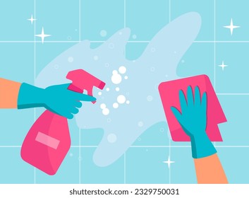 Character cleaning wall concept. Cleanliness and hygiene in apartment. Person in protective rubber gloves with wipe and spray. Routine and household chores. Cartoon flat vector illustration