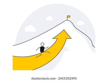 Personaje escalando la montaña con la flecha apuntando a la bandera en la parte superior. Ilustración vectorial. Éxito, logro, ambición, meta, motivación para alcanzar la cima