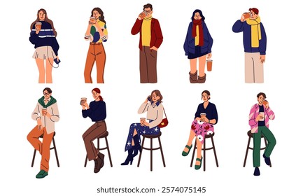 Character with coffee. Person holding glass of bean drink. Girl and man with cups of tea. Happy morning. Americano beverage. Cappuccino mug. Woman sitting on cafe stool. Walking guy. Vector people set