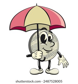 Charakter einer Münze Geld Cartoon Vektorgrafik Isolierte Clip Art Maskottchen Illustration mit einem Regenschirm, handgezeichnetes Werk