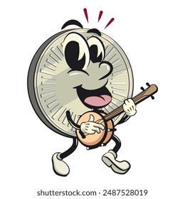 character of a coin money cartoon vector isolated clip art mascot illustration playing the banjo musical instrument, work of hand drawn