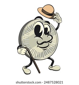 character of a coin money cartoon vector isolated clip art mascot illustration carrying a stick and saluting with raised hat, work of hand drawn