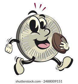 character of a coin money cartoon vector isolated clip art mascot illustration playing rugby and american football, work of hand drawn