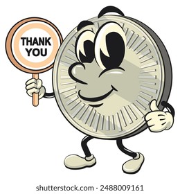 character of a coin money cartoon vector isolated clip art mascot illustration  carrying a sign saying thank you, work of hand drawn