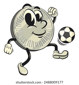 character of a coin money cartoon vector isolated clip art mascot illustration  playing football soccer, work of hand drawn