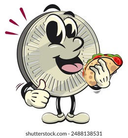 character of a coin money cartoon vector isolated clip art mascot illustration carrying a taco while giving a thumbs up, work of hand drawn